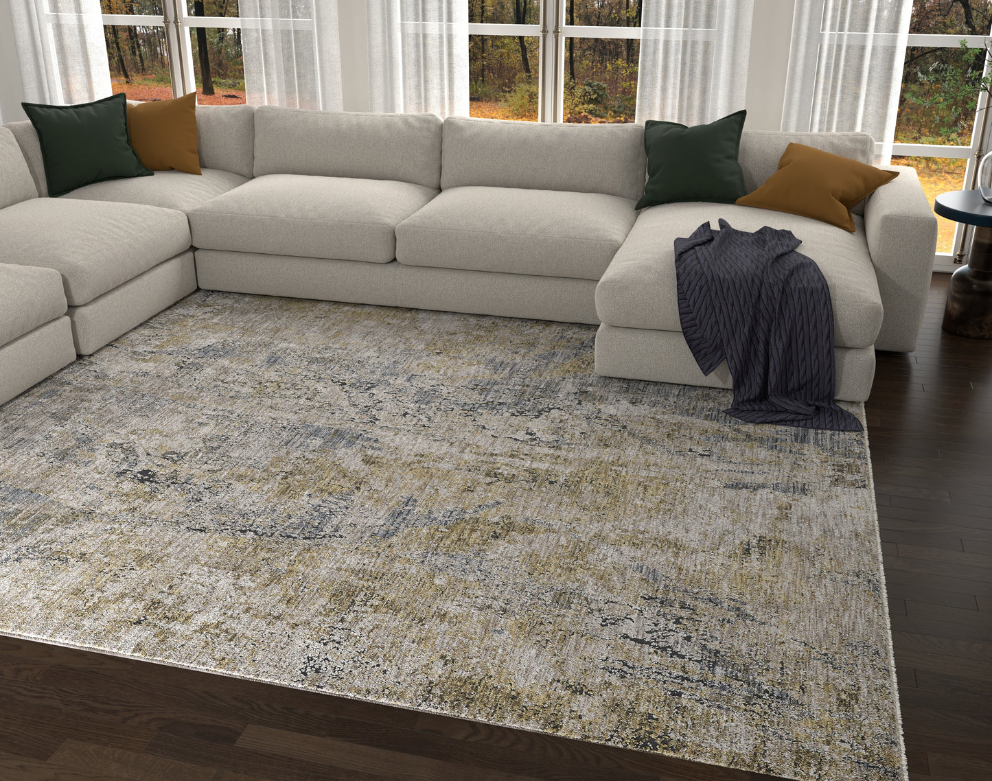 Avani 8407 Blue/Gold Laurel Machine Woven Performance Area Rug - Kas