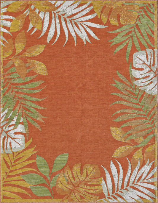 Dahlia 1403 Ivory/Rust Tropical Border Machine Woven Performance Area Rug - Kas