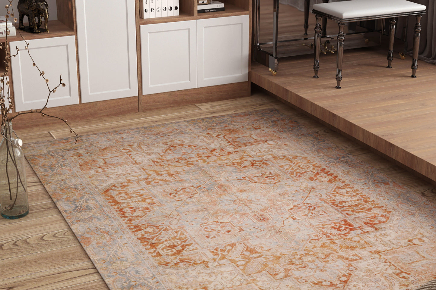 London 4801 Rust Blue Serena Machine Woven Washable Performance Area Rug - Kas