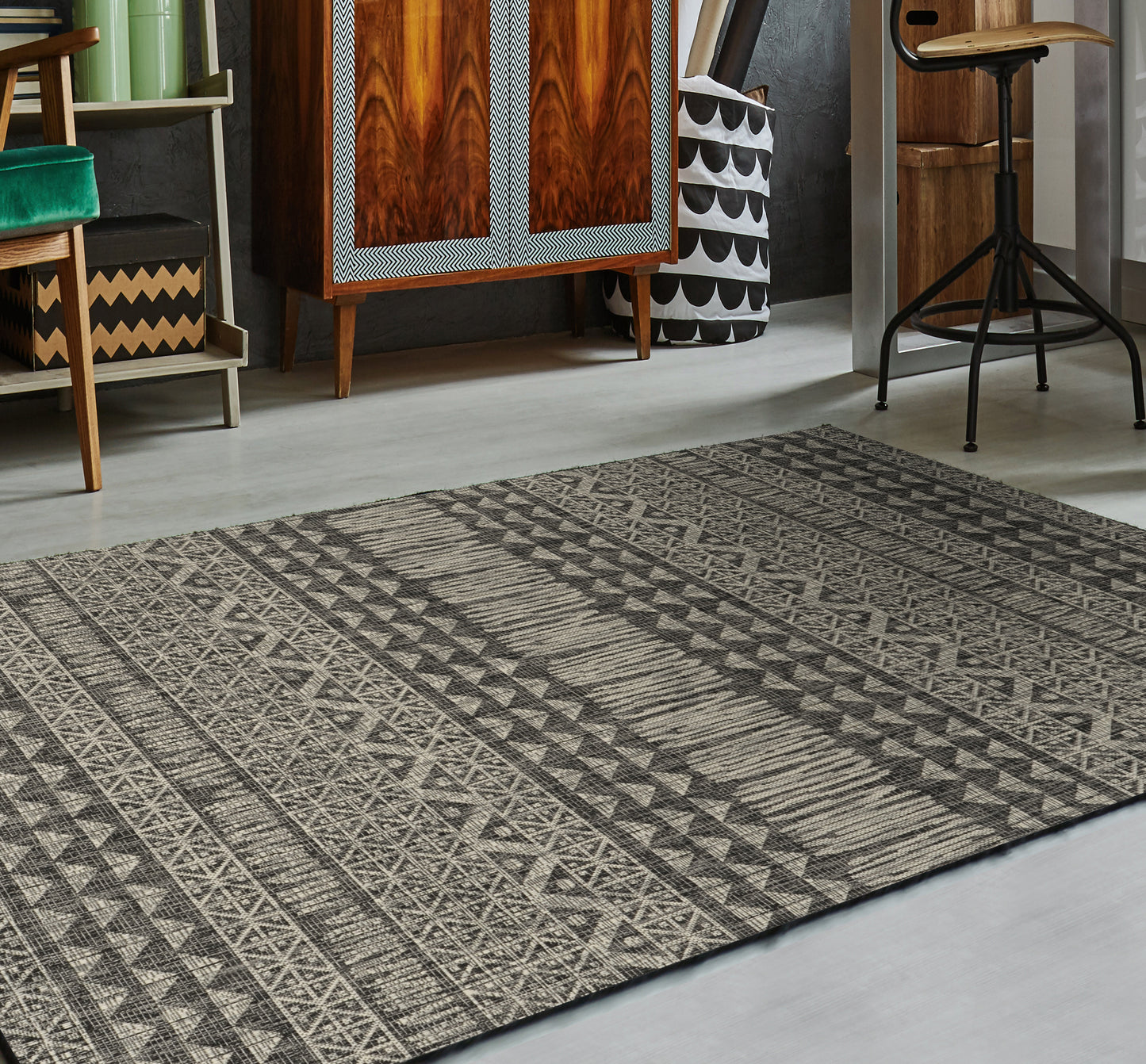 Provo 5761 Charcoal Tribe Machine Woven Performance Area Rug - Kas