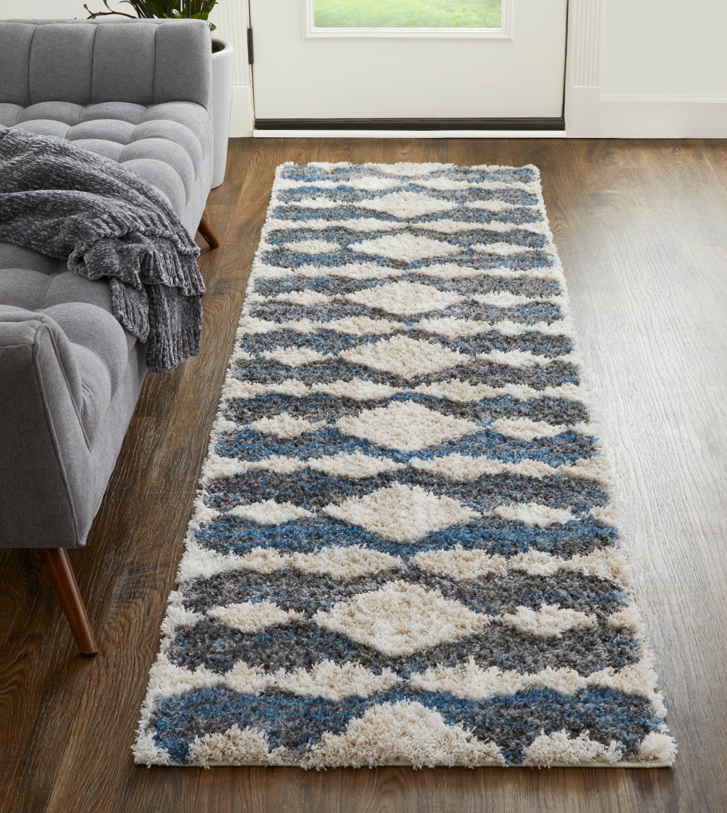 Mynka Transitional/Bohemian & Eclectic/Casual Ivory/Gray/Blue Runner  Feizy Rugs Small Parcel,Feizy Rugs,Mynka,Ivory/Gray/Blue,2'6" x 8',Runner,Polyester,Transitional/Bohemian & Eclectic/Casual,Turkey