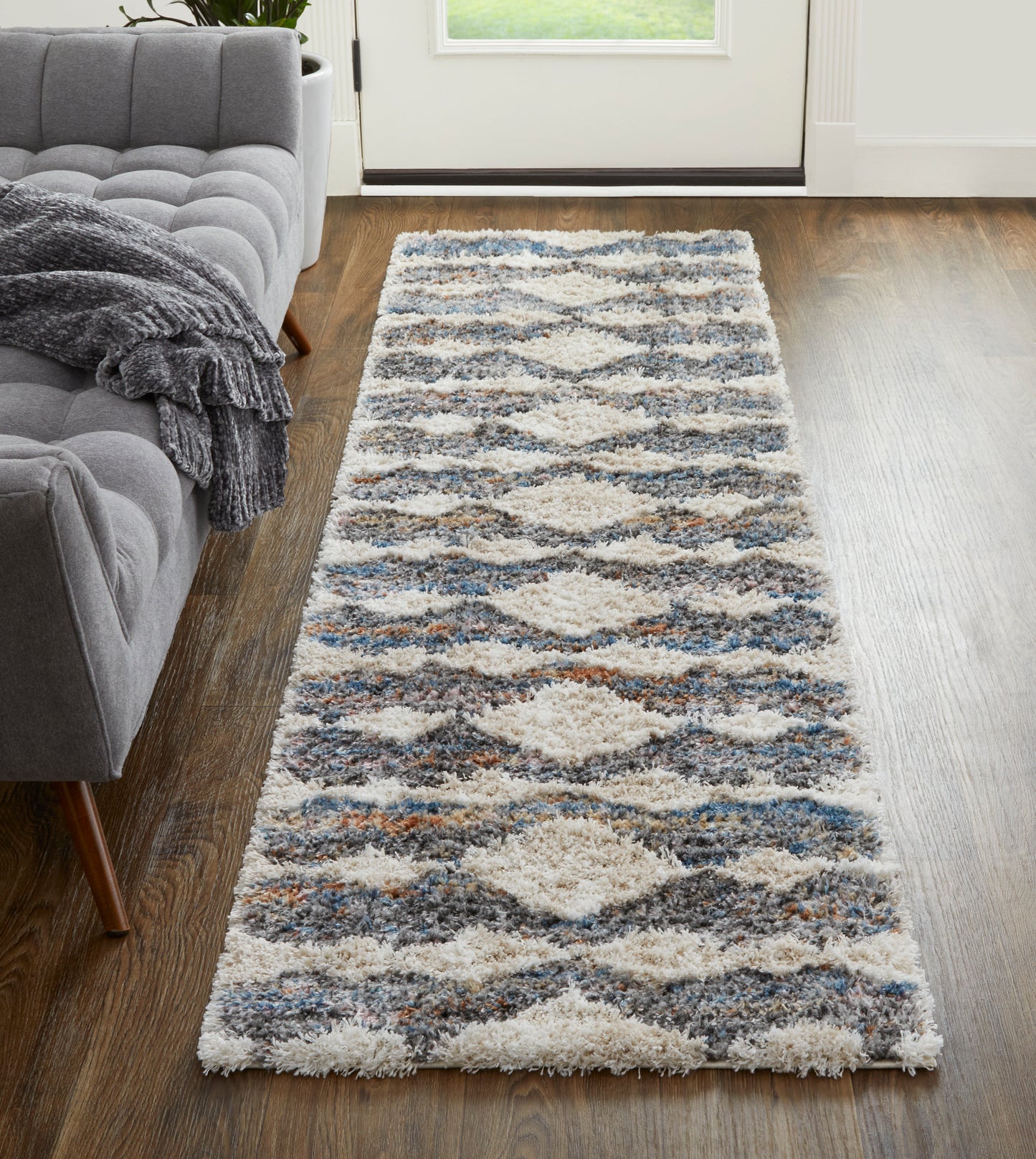 Mynka Transitional/Bohemian & Eclectic/Casual Tan/Ivory/Blue Runner  Feizy Rugs Small Parcel,Feizy Rugs,Mynka,Tan/Ivory/Blue,2'6" x 8',Runner,Polyester,Transitional/Bohemian & Eclectic/Casual,Turkey