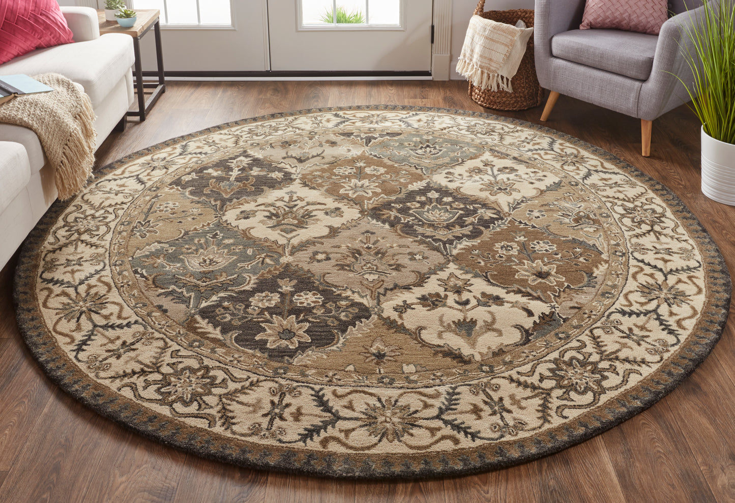 Eaton Traditional/French & Victorian Blue/Gray/Taupe Round Rug