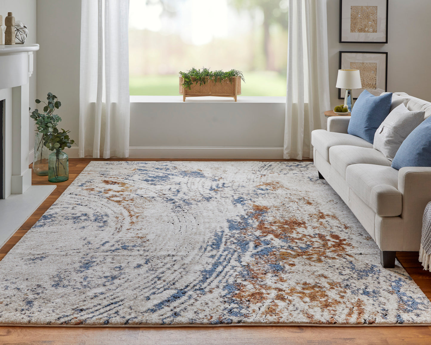 Gilmore Modern/Bohemian & Eclectic/Casual Ivory/Blue/Orange Accent Rug  Feizy Rugs Small Parcel,Feizy Rugs,Gilmore,Ivory/Blue/Orange,2' x 3',Accent Rug,Polypropylene,Modern/Bohemian & Eclectic/Casual,Turkey