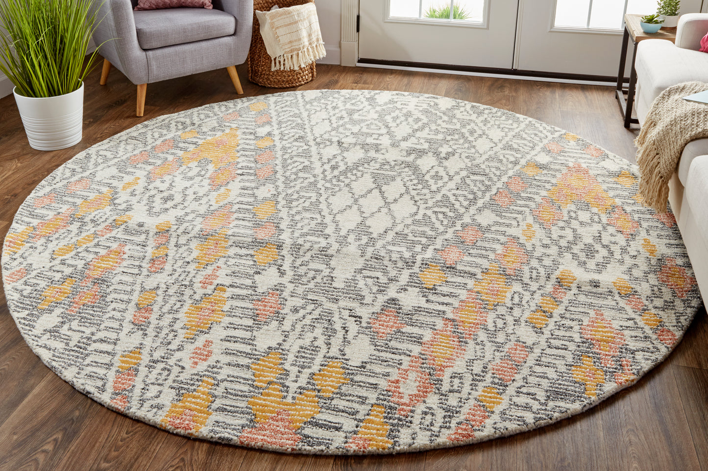 Arazad Transitional/Global/Bohemian & Eclectic Gray/Ivory/Orange Round Rug  Feizy Rugs Small Parcel,Feizy Rugs,Arazad,Gray/Ivory/Orange,8' x 8' Round,Round Rug,Wool/Nylon,Transitional/Global/Bohemian & Eclectic,India