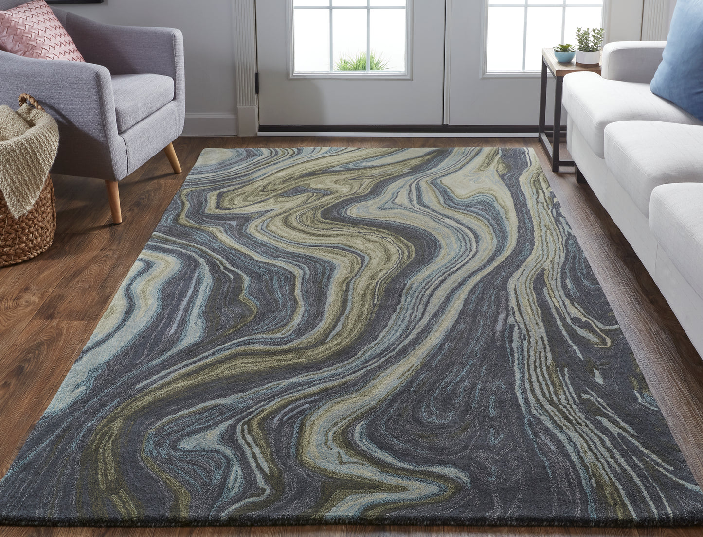 Amira Transitional/Industrial/Casual Blue/Ivory/Green Accent Rug