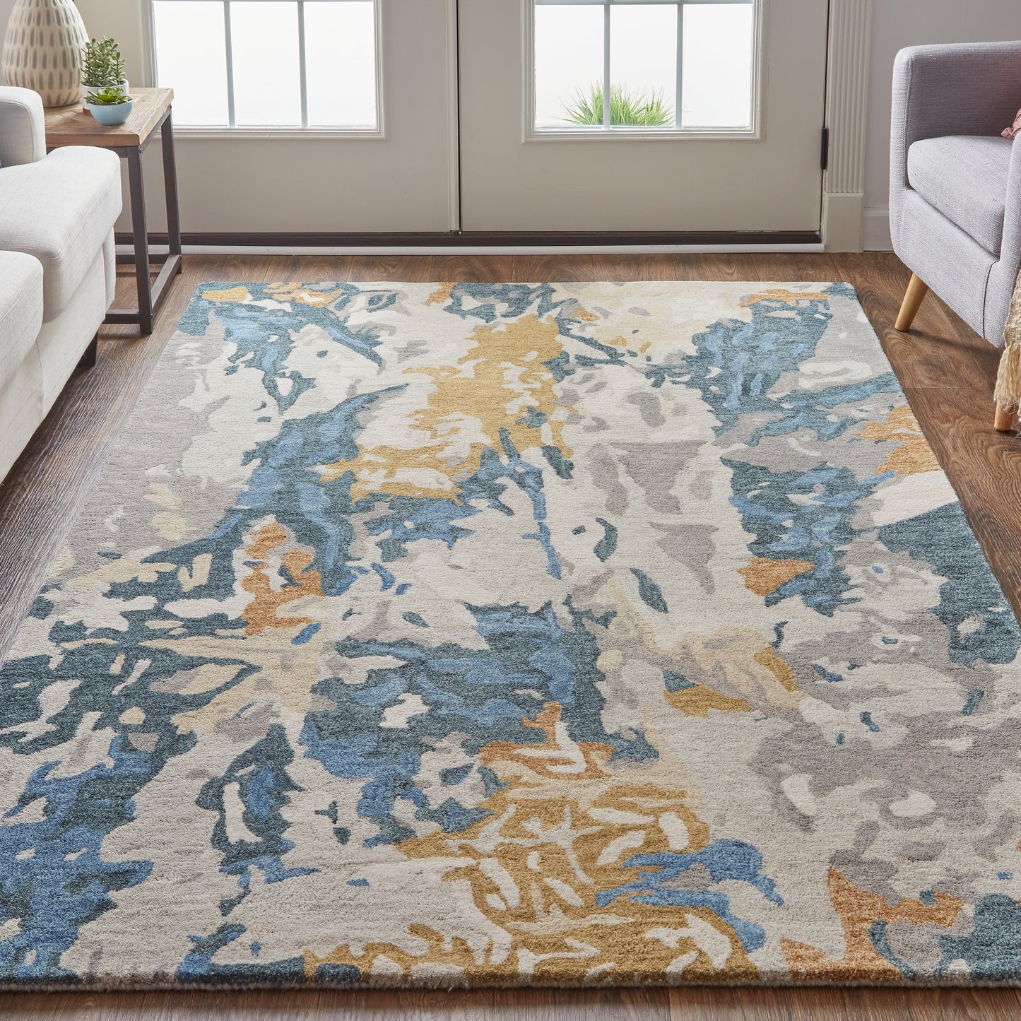 Everley Modern/Casual Gray/Blue/Gold Area Rug