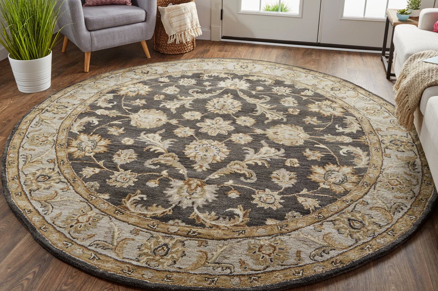 Eaton Traditional/Classic/Persian Blue/Gray/Taupe Round Rug