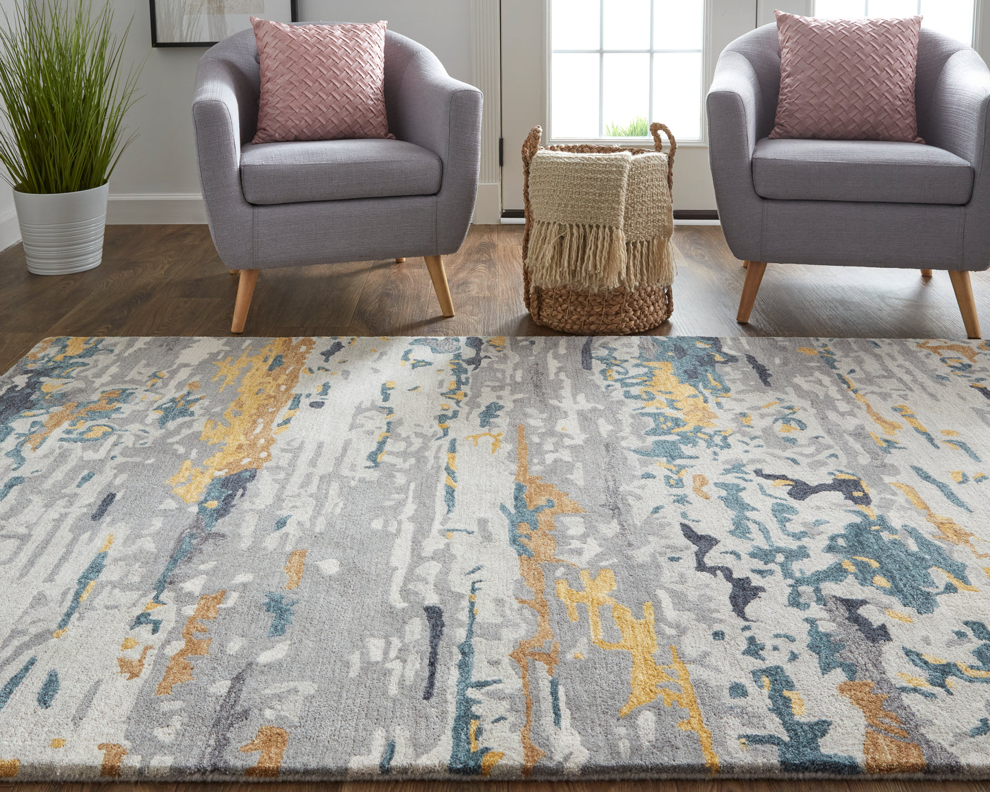 Everley Modern/Casual Gray/Yellow/Blue Area Rug