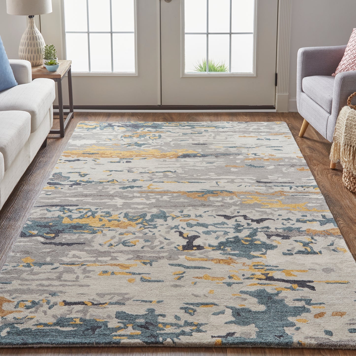 Everley Modern/Casual Gray/Yellow/Blue Area Rug