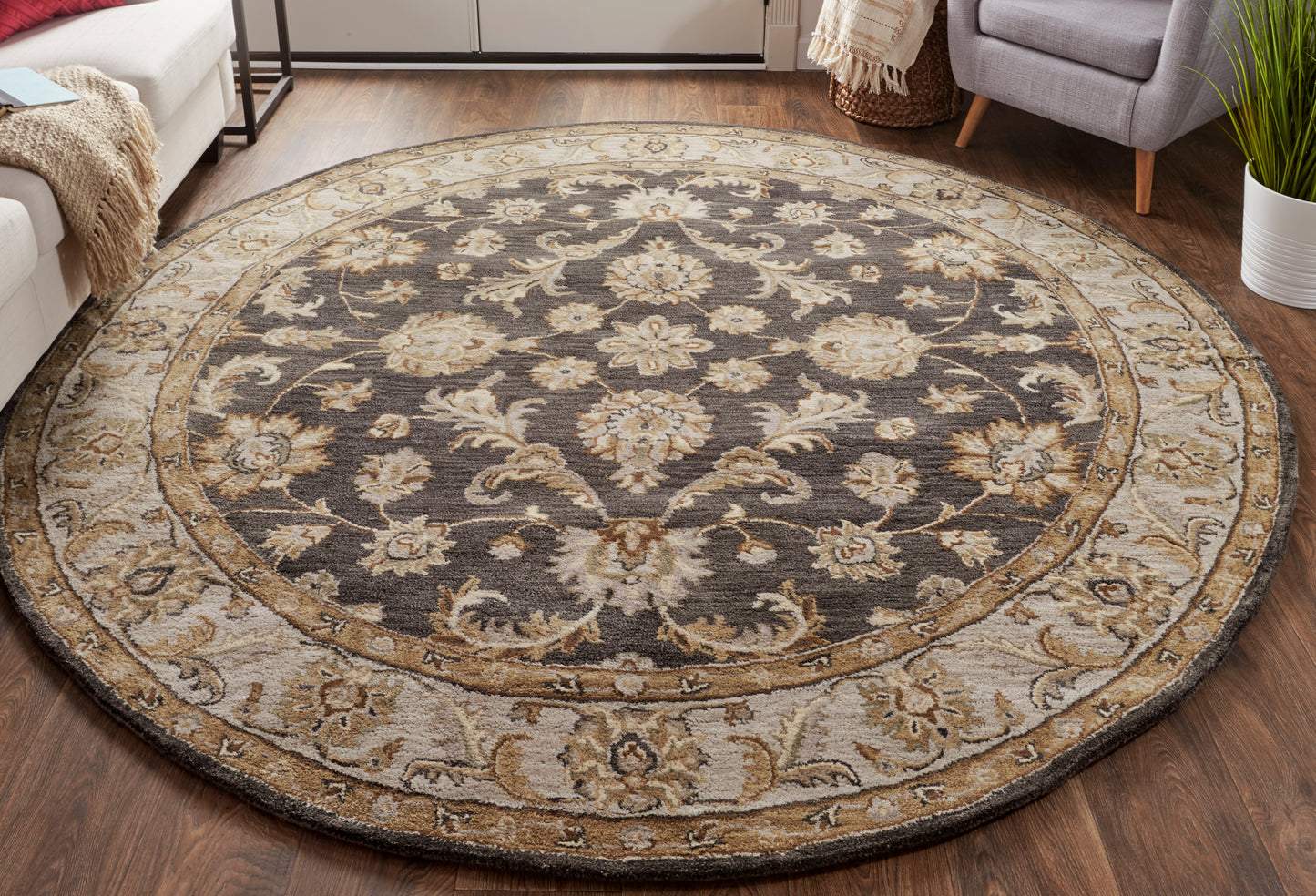 Eaton Traditional/Classic/Persian Blue/Gray/Taupe Round Rug