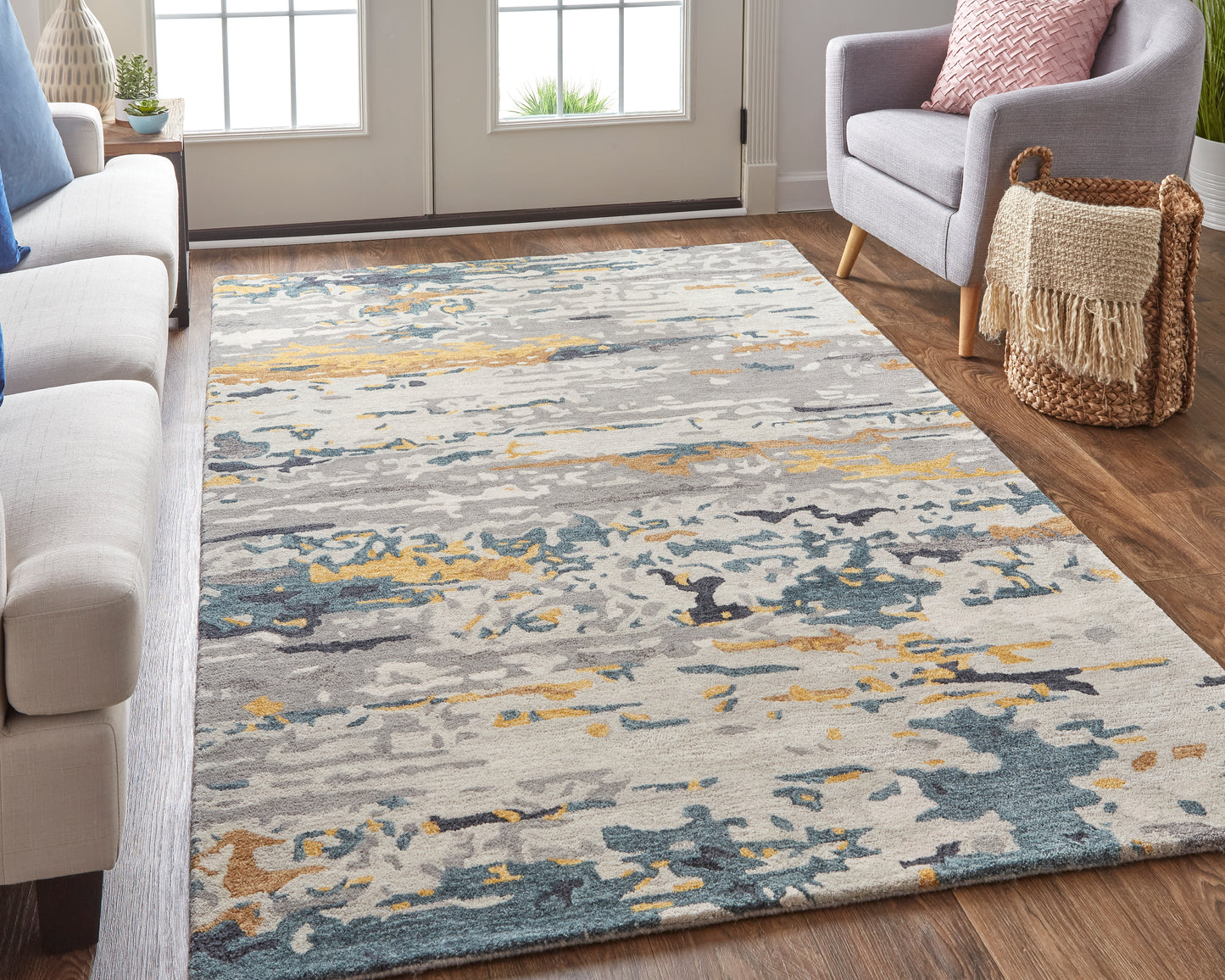 Everley Modern/Casual Gray/Yellow/Blue Area Rug