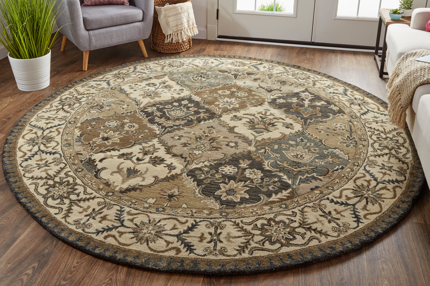 Eaton Traditional/French & Victorian Blue/Gray/Taupe Round Rug