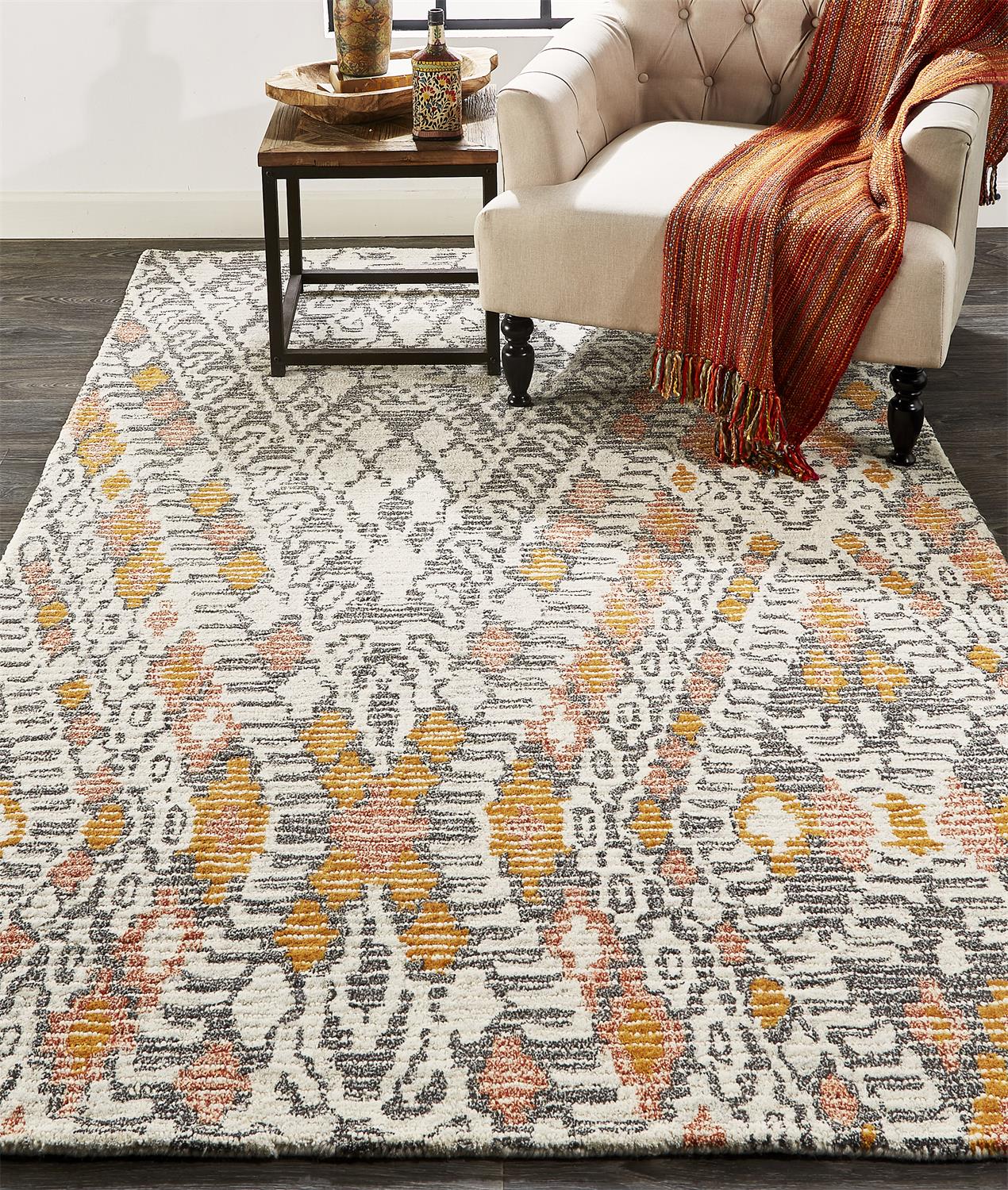 Arazad Transitional/Global/Bohemian & Eclectic Gray/Ivory/Orange Accent Rug  Feizy Rugs Small Parcel,Feizy Rugs,Arazad,Gray/Ivory/Orange,3'6" x 5'6",Accent Rug,Wool/Nylon,Transitional/Global/Bohemian & Eclectic,India