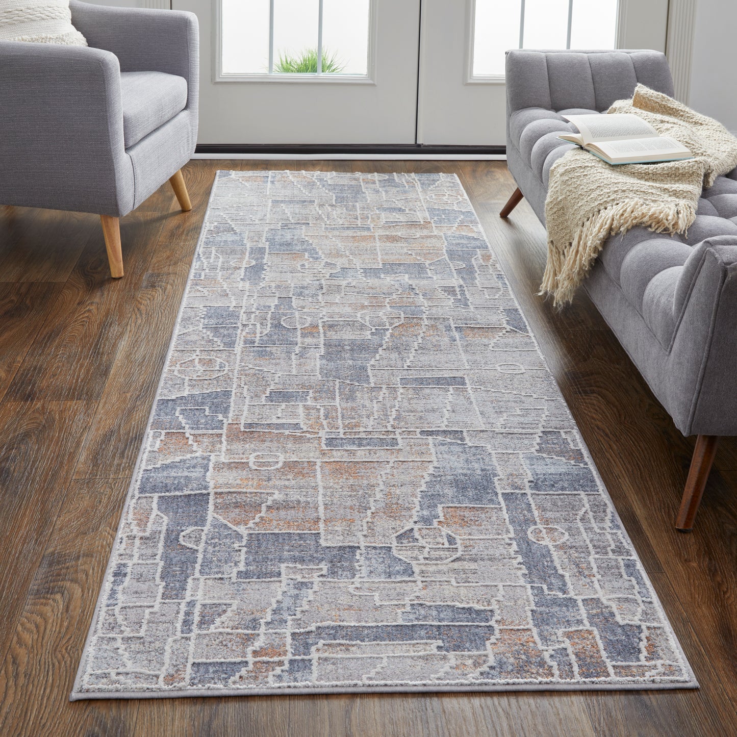 Francisco Transitional/Southwestern/Moroccan Blue/Gray/Orange Runner  Feizy Rugs Small Parcel,Feizy Rugs,Francisco,Blue/Gray/Orange,2'10" x 8',Runner,Polyester/Polypropylene,Transitional/Southwestern/Moroccan,Turkey